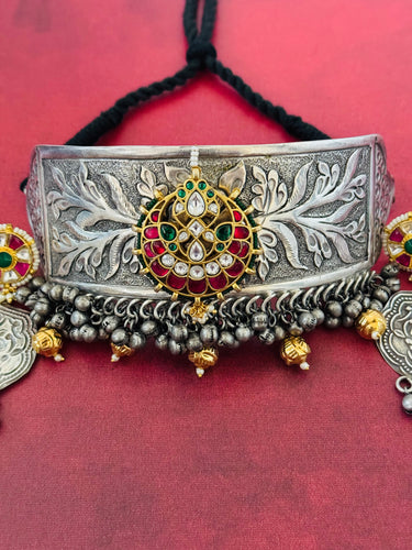 German Silver Ahmedabadi Kundan Choker Set | Semi-Precious Stones | Contains Nickel | Gold Plated | Free Shipping | Ships from California